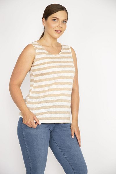 Şans Women's Mink Plus Size Crew Neck Sleeveless Striped Blouse 65n36531