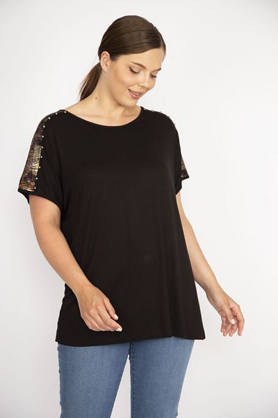 Şans Women's Black Plus Size Shoulders Lacquer Print and Stone Detailed Blouse 65n36652