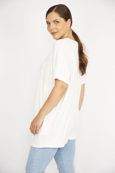 Şans Women's Bone Large Size Bike Collar Short Sleeve Blouse 65n36641