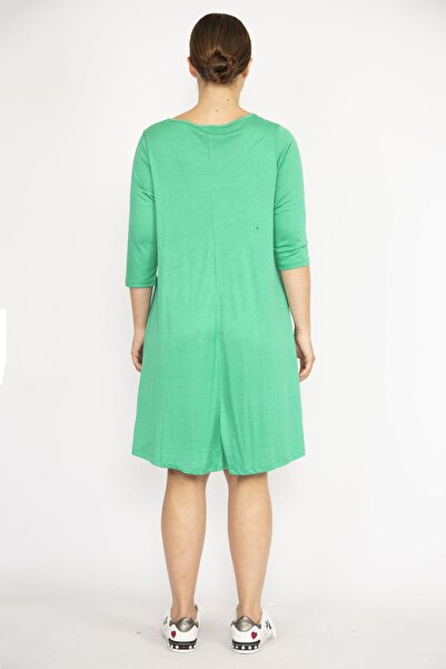 Şans Women's Green Large Size Crew Neck Capri Sleeve Pocket Dress 65n36695