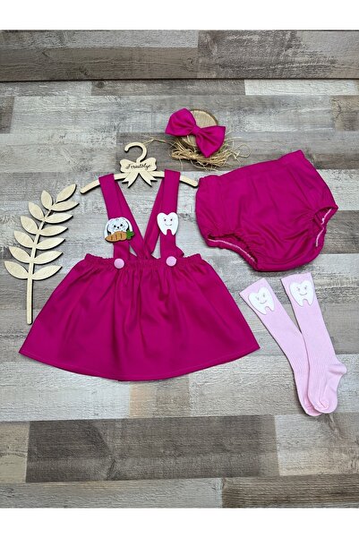 Feriatolye Kız bebek diş buğdayı pembe etek salopet bloomer çorap toka seti