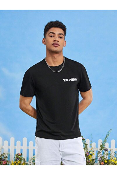 Keywest Büyük Beden Tom ve Jerry Ön ve Sırt Detaylı Oversize Bisiklet Yaka %100 Pamuk Siyah T-shirt