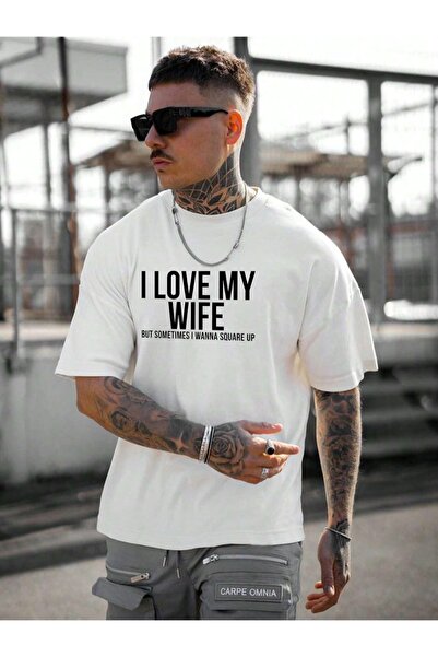 Keywest Büyük Beden Erkek I Love My Wife Ön Detay Baskılı Oversize Bisiklet Yaka %100 Pamuk Beyaz T-shirt