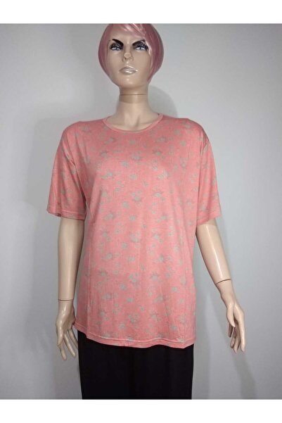 YAŞAR TRİKO Γυναικείο μπλουζάκι με κοντό μανίκι με σχέδιο σομόν, με χτενισμένο βαμβάκι, άνοιγμα βισκόζη