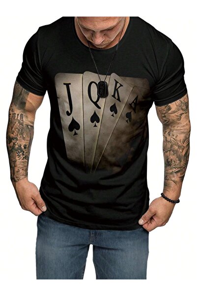 Keywest Ανδρικό μπλουζάκι με 4 κάρτες με λεπτομέρεια με στάμπα μεγάλου μεγέθους, 100% βαμβακερό μαύρο μπλουζάκι