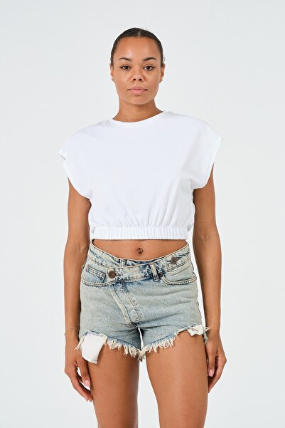 PUNKY CAT Women's White Elastic Waist Crop Sleeveless T-Shirt