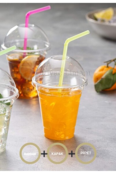 Miopack Plastik Şeffaf Bardak Kapaklı Pipetli 300ml CC Milkshake KAHVE LİMONA...