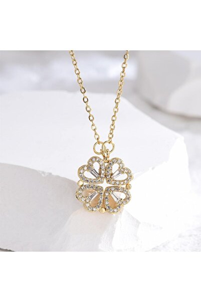 BearPear Mıknatıslı Açılıp Kapanabilen Kalpli Yonca Şans Çelik Kolye Gold