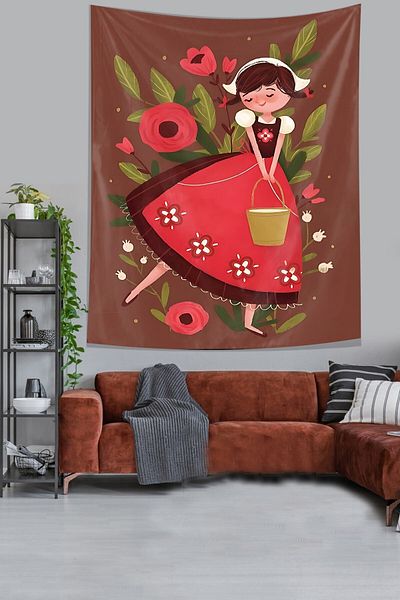 on the clouds Cheerful Girl in Flowers Stain Resistant Fabric Wall Cloth Wall Carpet Tapestry