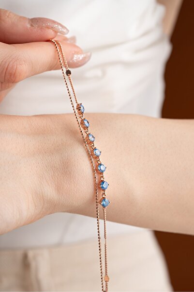 Nereze 925 Ayar Gümüş Rose Kaplama Aquamarin Taşlı Çift Sıra Italyan Zincirli...