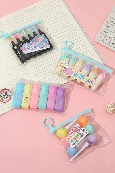 NaSaDAN Külah Dondurma Lolipop Galaksi Mini Kalemler 4'lü Fosforlu Kalem Seti