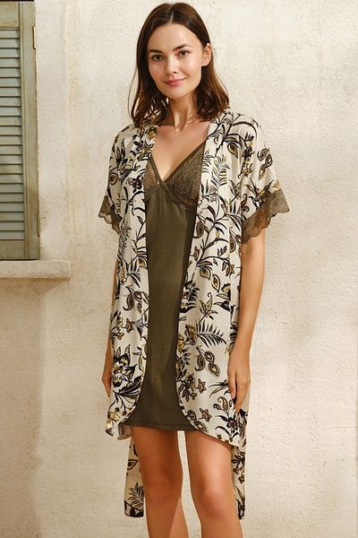 Anıl Women's Woven Viscose Floral Printed Dressing Gown and Lace Short Nightgown Set (5708)