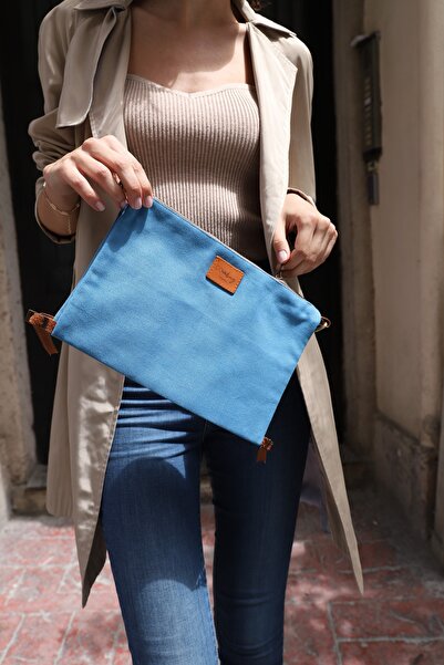 Mavi Mini Kanvas Kumaş Kadın Portföy Clutch Çanta Powrain