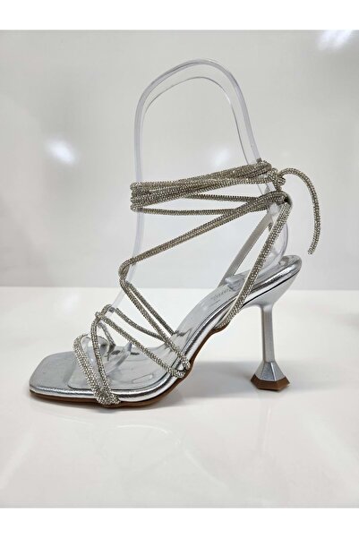 CENGİZ BY CENGIZ 1909 ANKLE-TIED SILVER COLORED STONE DETAILED WOMEN'S OPEN T...