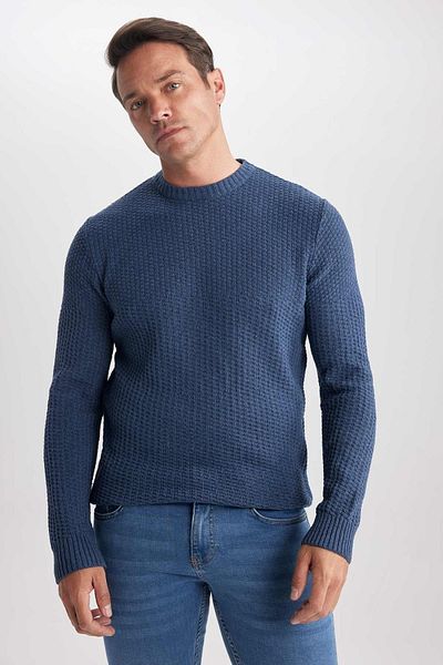 DeFacto Námořnická modř Standardní střih Regular Cuk Crew Neck Textured Basic Plain Knitwear Svetr R1175Az23Au