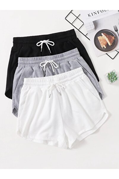 Keywest طقم من 3 شورتات صيفية قصيرة بلون أسود ورمادي وأبيض غير مطبوعة بلون سا...