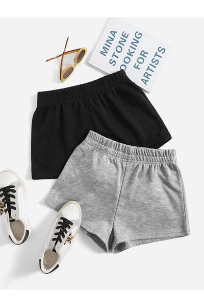 Machetta Women's Set of 2 Black and Gray Color Unprinted Plain Summer Short Shorts - Daily Double Short Shorts