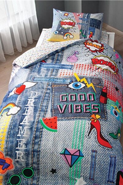 Taç Mavi Good Vibes Pamuklu Desenli Pike Takımı