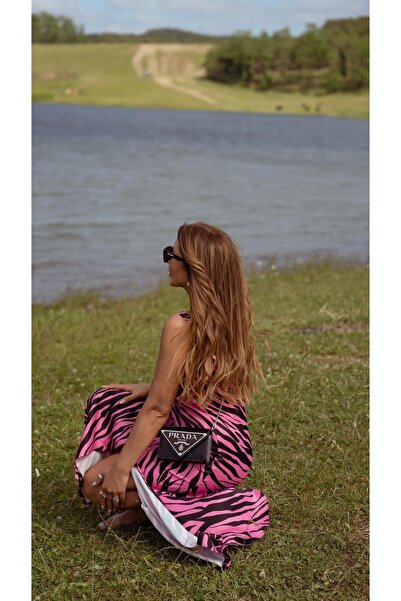 BUKETLİ Zebra Desen Pembe Maxi Tasarım Elbise