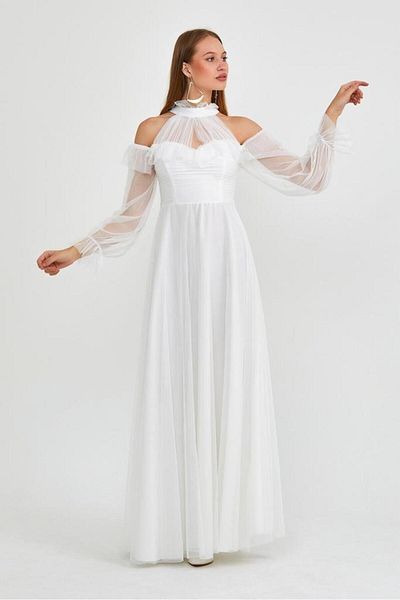 YAREN GENÇ WOMEN'S TOWEL SLEEVES RUBBER DETAIL DRAPELED EVENING DRESS