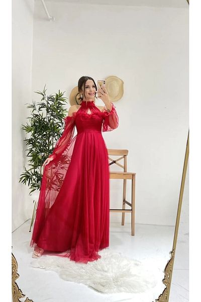 YAREN GENÇ WOMEN'S TOWEL SLEEVES RUBBER DETAIL DRAPELED EVENING DRESS