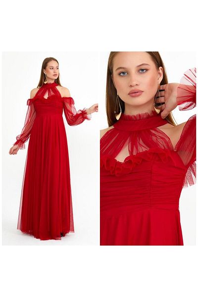 YAREN GENÇ WOMEN'S TOWEL SLEEVES RUBBER DETAIL DRAPELED EVENING DRESS