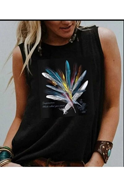 Kadın Askılı T-shirt Kuş Tüyü Baskılı siyah Tişört