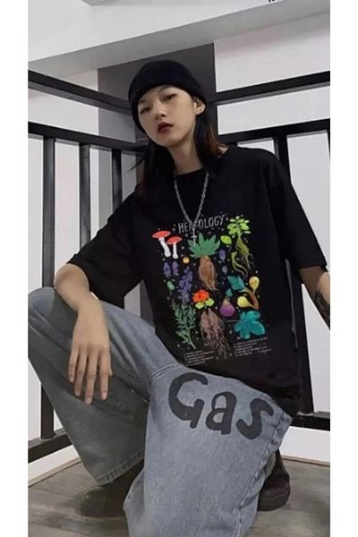Gofeel Black Color Herbology Printed Unisex Oversize Printed T-Shirt
