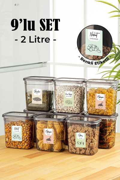 Vienev Set of 9 Peggy Rectangular Storage Container with Colorful Labels 2 Liters Anthracite