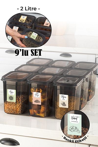 Vienev Set of 9 Peggy Rectangular Storage Container with Colorful Labels 2 Liters Anthracite