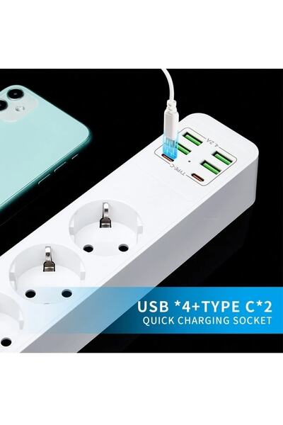 Hobimtek H-01 Hızlı Şarj İstasyonu 3000W 3 lü Priz 2 Metre Uzatma Kablosu Çoklu Priz 4 Usb 2 Type C On/Off