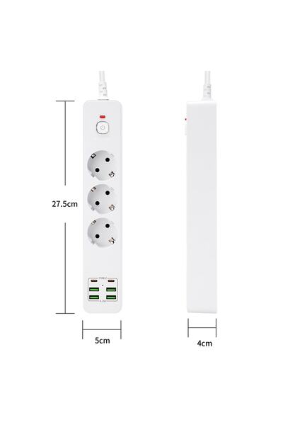 Hobimtek H-01 Hızlı Şarj İstasyonu 3000W 3 lü Priz 2 Metre Uzatma Kablosu Çoklu Priz 4 Usb 2 Type C On/Off