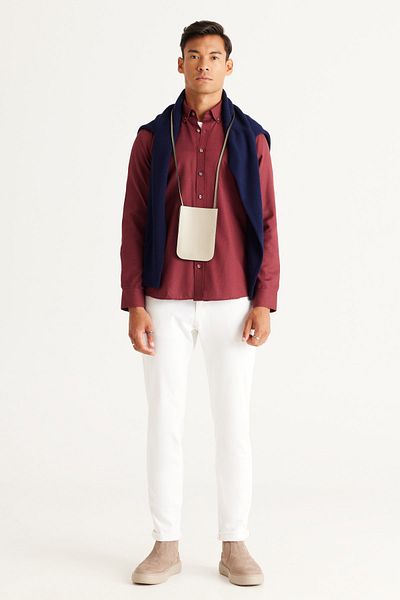 AC&Co / Altınyıldız Classics Men's Burgundy Slim Fit Narrow Cut Button Collar Cotton Pocket Oxford Shirt