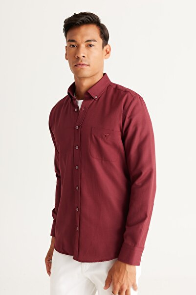 AC&Co / Altınyıldız Classics Men's Burgundy Slim Fit Narrow Cut Button Collar Cotton Pocket Oxford Shirt