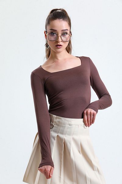 ladyzey γυναικεία τετράγωνη λαιμόκοψη καφέ μακρυμάνικη μπλούζα
