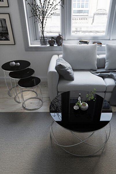 Puklife 4'lü Zigon Ve Orta Sehpa Seti Gümüş Ayak - Siyah Ayna