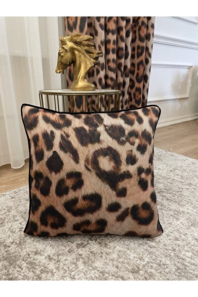 Brillant Leopar Desenli Keten Görünümlü Biyeli Kırlent Kılıfı 45x45