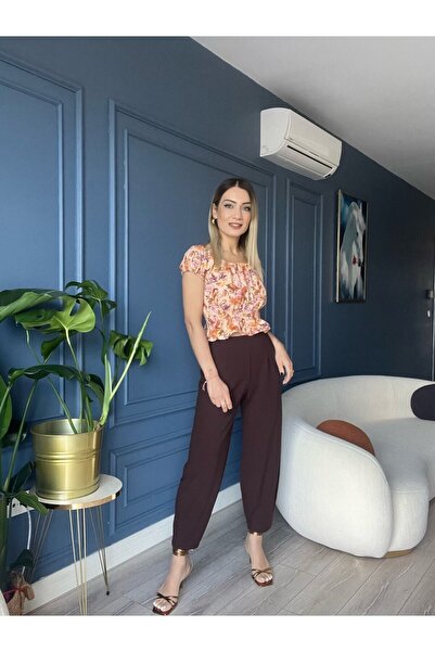 Moremos بنطلون شالوار بخصر مطاطي بني-L