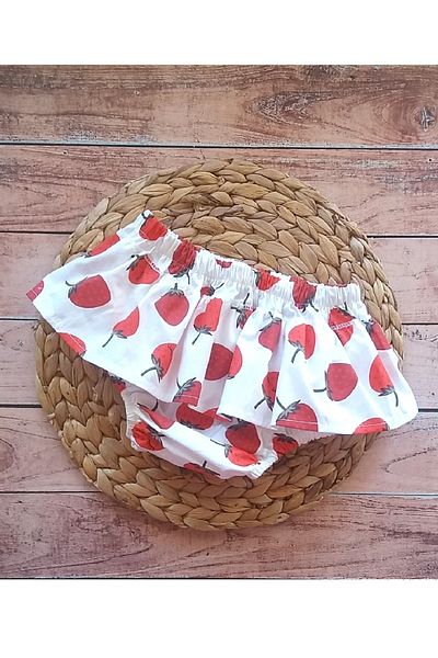 Panowill Design Baby Girl Summer Strawberry Patterned Ruffle Detailed Shorts Skirt 100% Cotton