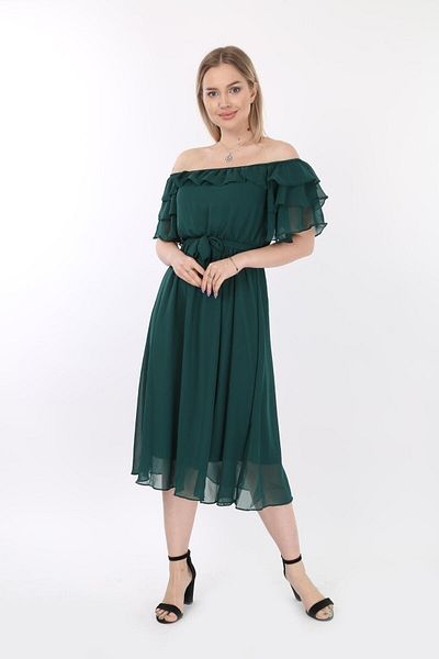 Azra Style Γυναικείο φόρεμα σκοποβολής με σιφόν σμαραγδένιο πράσινο γιακά Carmen