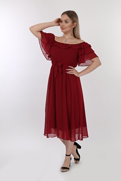 Azra Style Дамска рокля от шифон в бордо с яка и воланчета