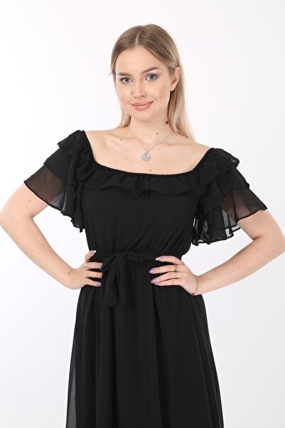 Azra Style Rochie neagră din șifon cu volan pentru femei