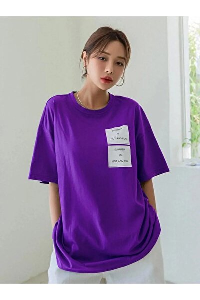 AFROGİYİM My Afrogiyim Purple Summer Hot and Fun printed Oversize χτενισμένο βαμβακερό μπλουζάκι