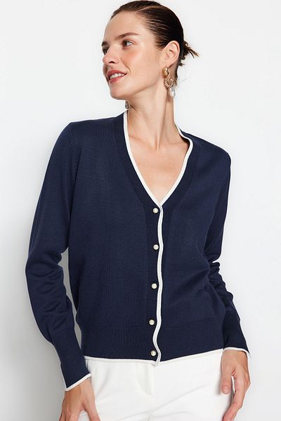 Trendyol Collection Cardigan din tricotaje de culoare contrastantă din fire premium albastru bleumarin/Fir special TWOAW24HI00063