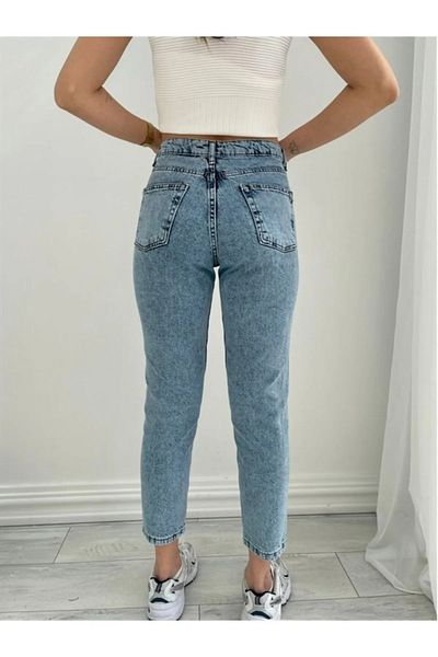 TugsatTasarTekstil Nirvana Blue Acid Wash Boyfriend Mom Jean Women's Colorfast Recovery Jeans