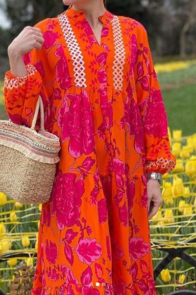 AYASOFYA OTANTIK Women's Orange Patchwork Collar Flower Patterned Dress