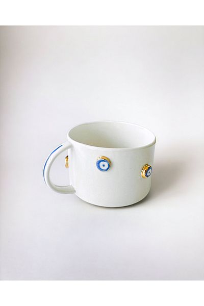 NADY STUDIO Bodur Bone Eye Mug Cup 24k Gold Embroidered Evil Eye Beaded Porcelain Cup Cup Coffee Mug 250ml