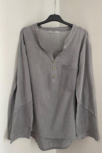 AYASOFYA OTANTIK Women's Gray Pocket Sleeves and Back Mesh Detailed Foldable Sleeves Cotton Linen Blouse