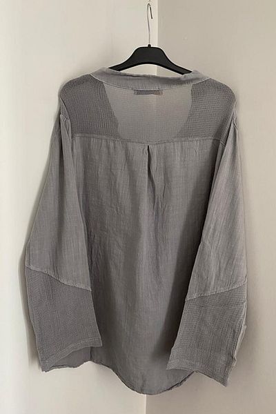 AYASOFYA OTANTIK Women's Gray Pocket Sleeves and Back Mesh Detailed Foldable Sleeves Cotton Linen Blouse