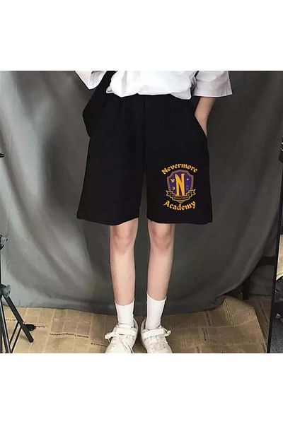 Gofeel Μαύρο χρώμα Nevermore Academy με μοτίβο Unisex χτενισμένο βαμβακερό σορτς